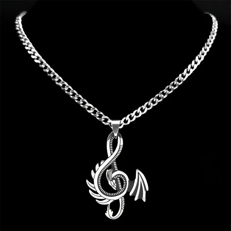 Dragon Treble Clef Pendant Necklace – Stainless Steel Silver Color, Punk Jewelry for Women & Men