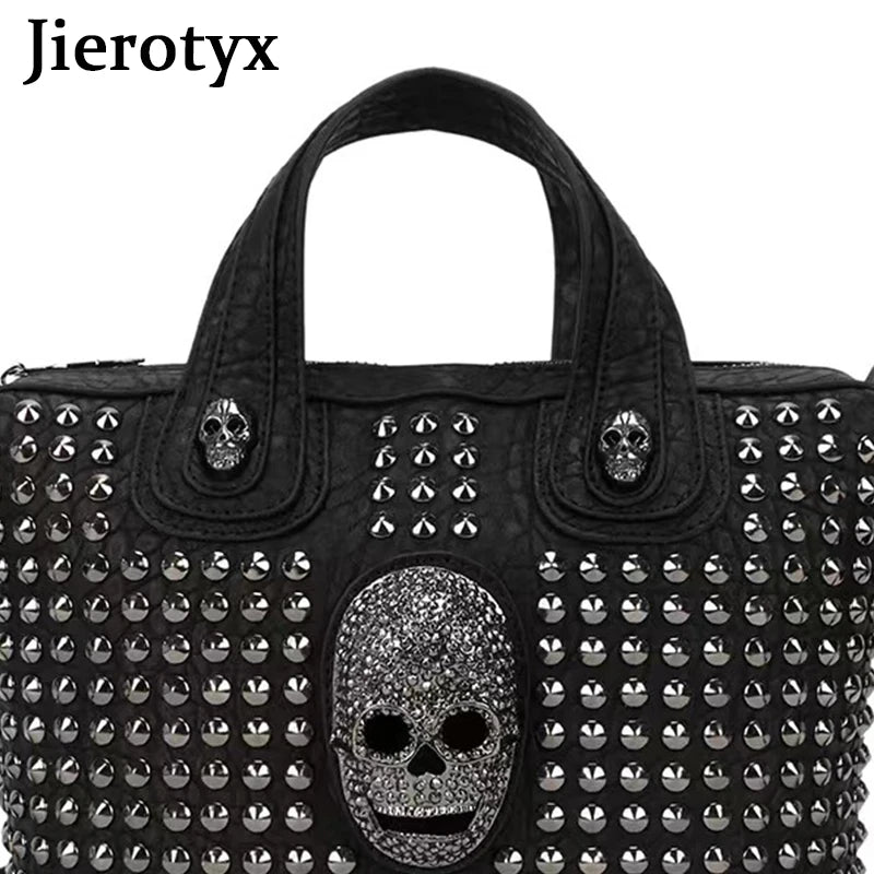 JIEROTYX Women Handbag – Casual Punk Skull Purse, Leather Top Handle with Rivets, Shoulder Crossbody Bag, Studded Gothic Design, Long Strap