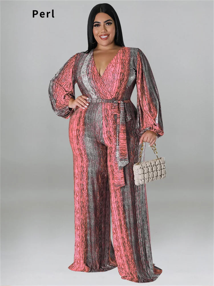 Perl Plus Size V-Neck Jumpsuit for Women - Autumn Print One Piece Outfit with Belt, Wide Legs