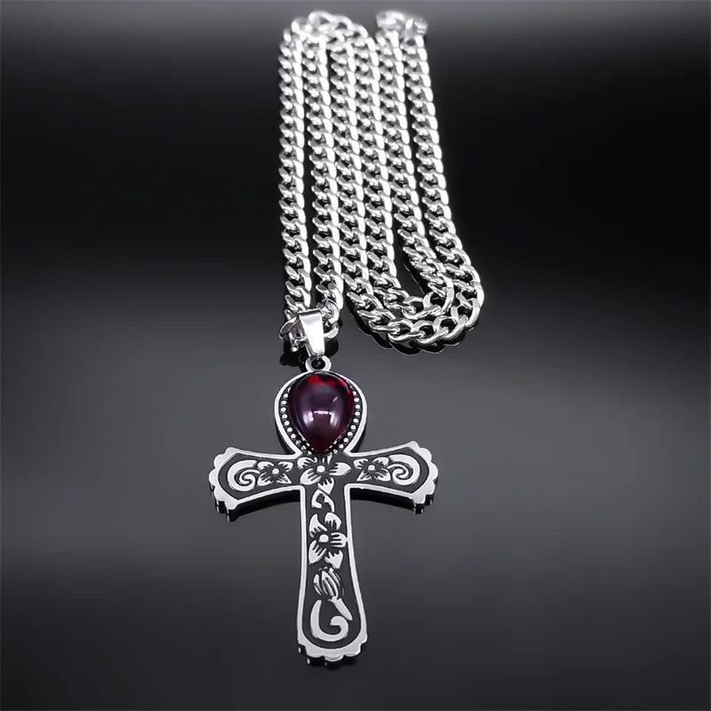 Goth Flower Egyptian Ankh Cross Pendant Necklace - Stainless Steel with Water Drop Red Glass, Jewelry Gift