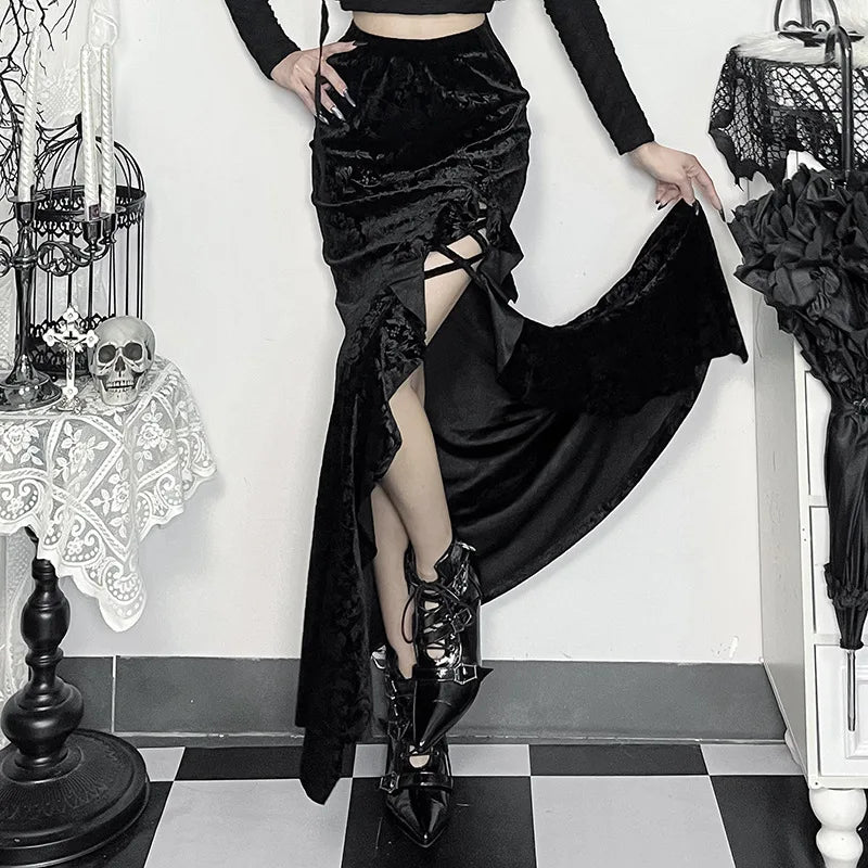 Goth Dark Elegant Flocking Long Skirt – Women’s Mall Gothic Irregular Split Hem Ruffle Skirt, Autumn Alt Fashion Bottoms