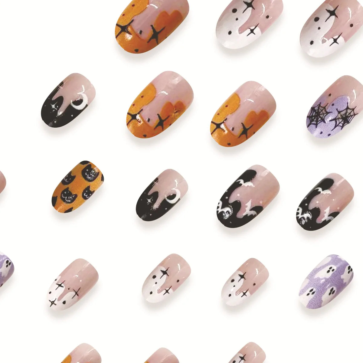 24pcs Cartoon Spider Bat Fake Nails Short Rounds False Nails for Women Girl Wearable Halloween DIY Manicure Press on Nail Tips