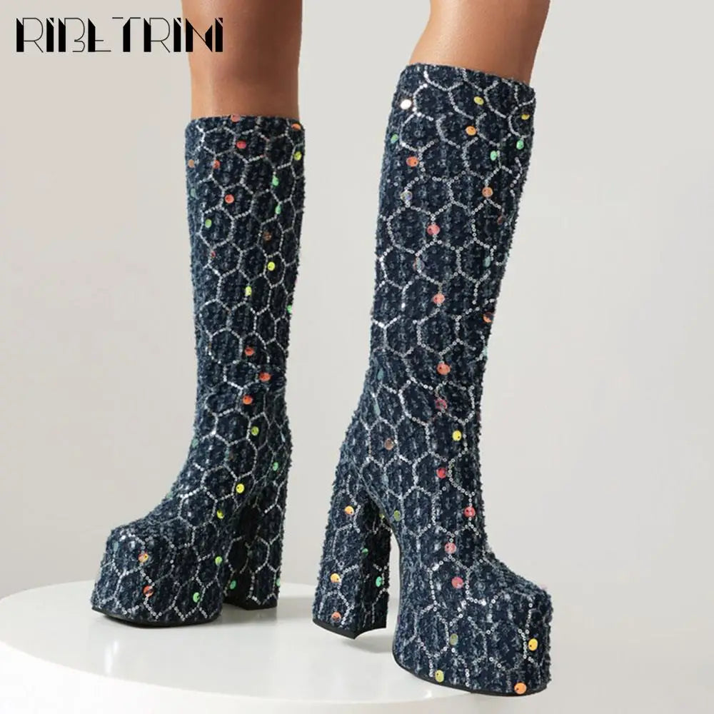 Glitter Bling Platform Boots for Women | Denim Chunky High Heel Mid-Calf Slip-On Shoes | Luxury Designer Knee-High Boots for Winter