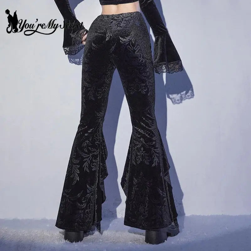 [You're My Secret] Women Pant Gothic Black Velvet Flare Pants Sexy Hollow Out Lace Patchwork Slim High Waist Retro Bell Bottom