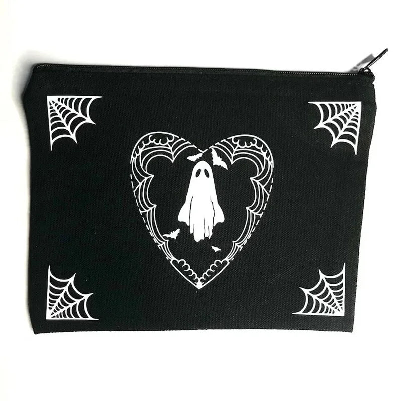 Gothic Ghost Spider Web Makeup Bag – Spooky Halloween Cosmetic Bag, Horror Party Gift & Fall Decoration