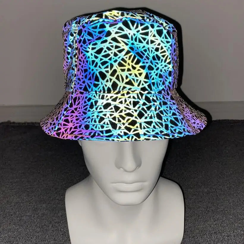 2024 Men Women Four Season Colorful Reflective Bucket Hat Y2K Harajuku Personality Printed High Street Cap gorras Рыбацкая шляпа