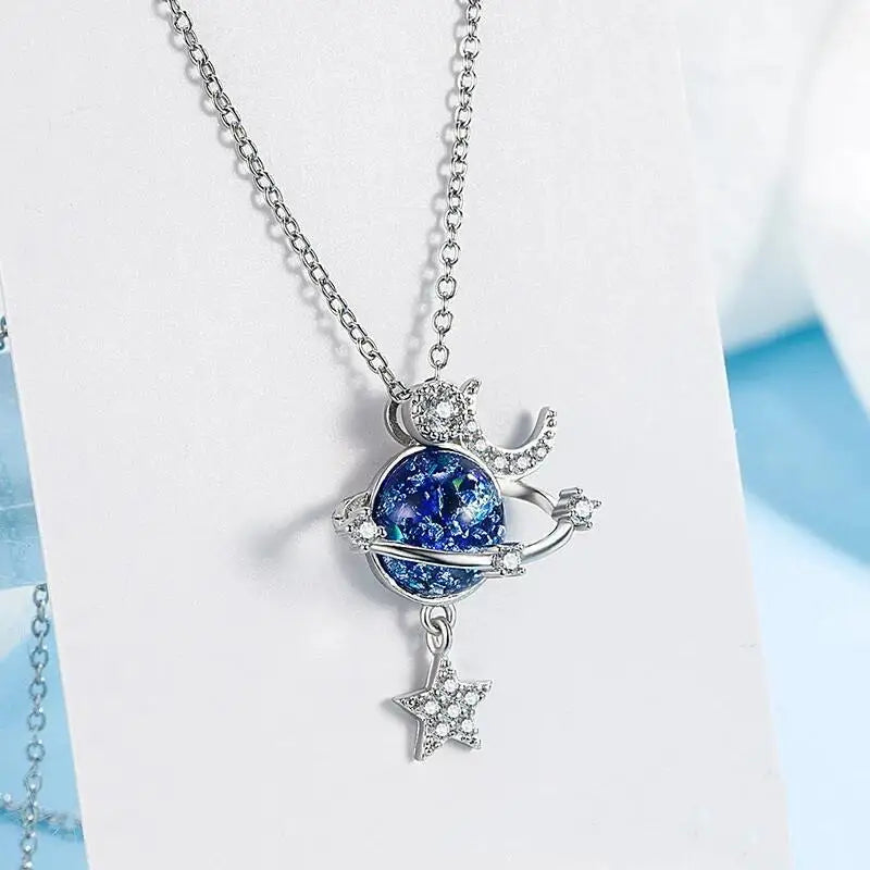 Fashion Star Moon Planet Necklace - Women’s Exquisite Zircon Shining Pendant, Party Jewelry Accessories