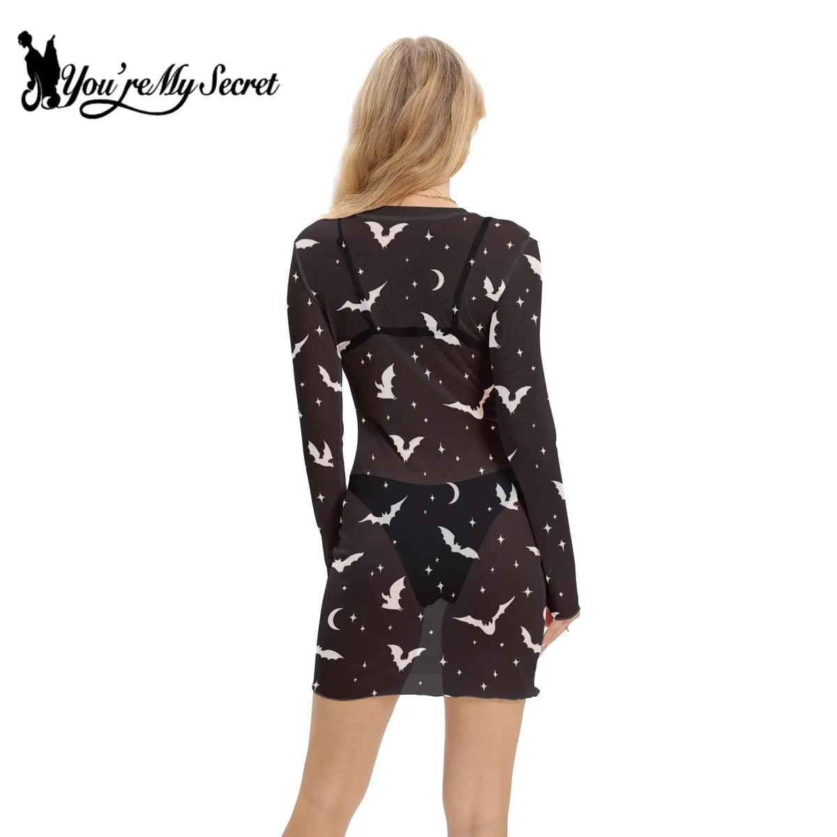 [You're My Secret] Halloween Pumpkin Print Mini Dress Women Sheer Mesh Dress Female Sexy Skirt Long Sleeve Holiday Dress Summer