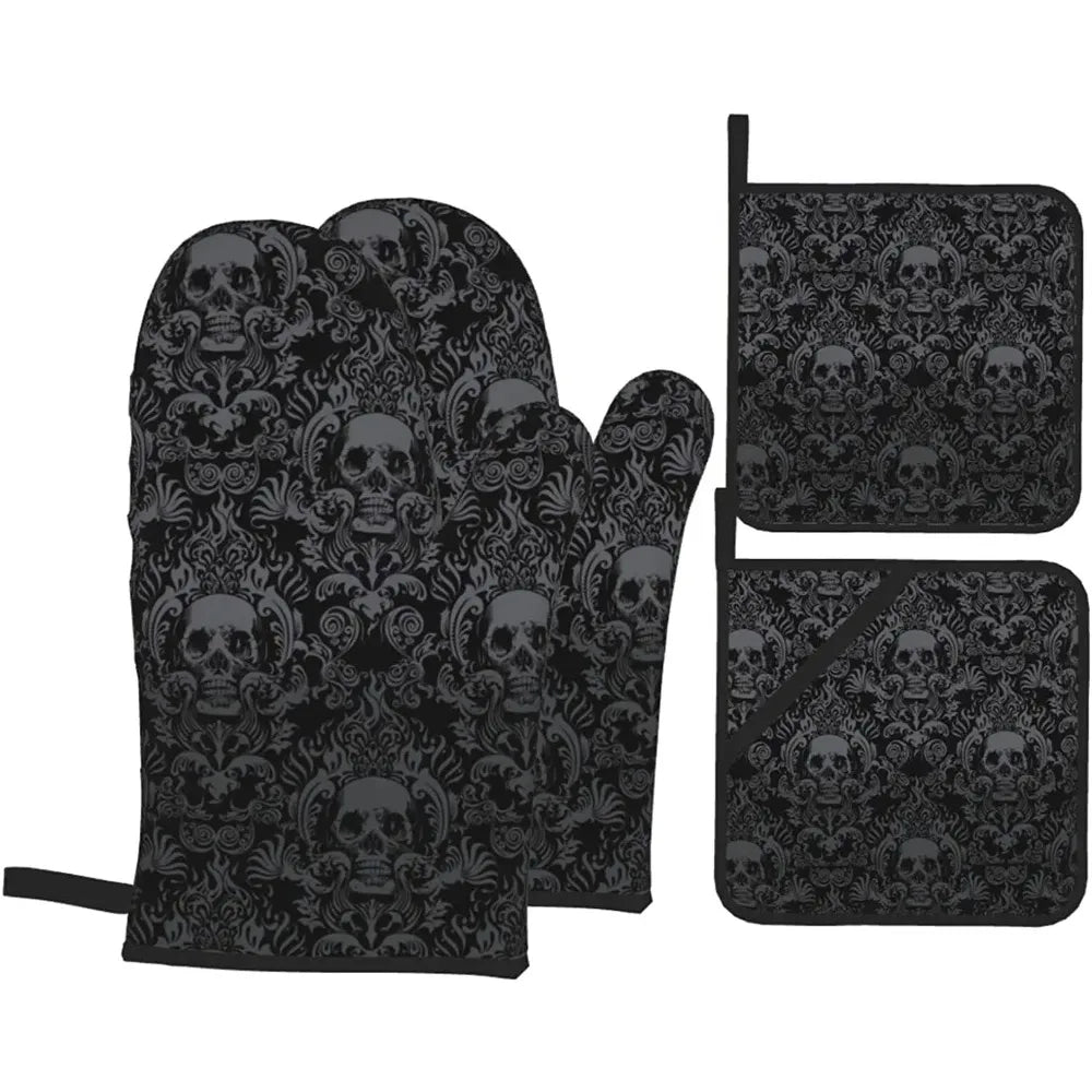 Gothic Skull Flower Black Oven Mitts and Pot Holders Set of 4 | High Heat Resistant Gloves and Pads