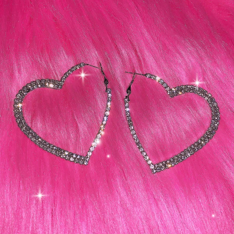 Y2K Shiny Heart Hoop Earrings - Korean Fashion Rhinestone Love Earrings for Women, Punk Aesthetic 2000s Jewelry