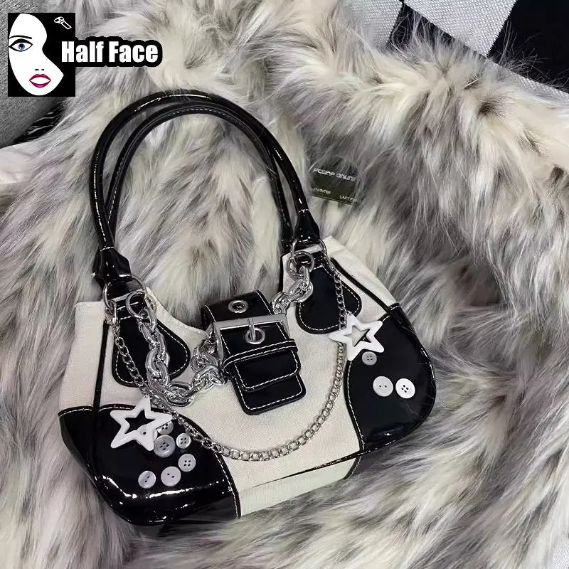 Black And White Punk Rock Color Block 90's Goth Tote Handbag