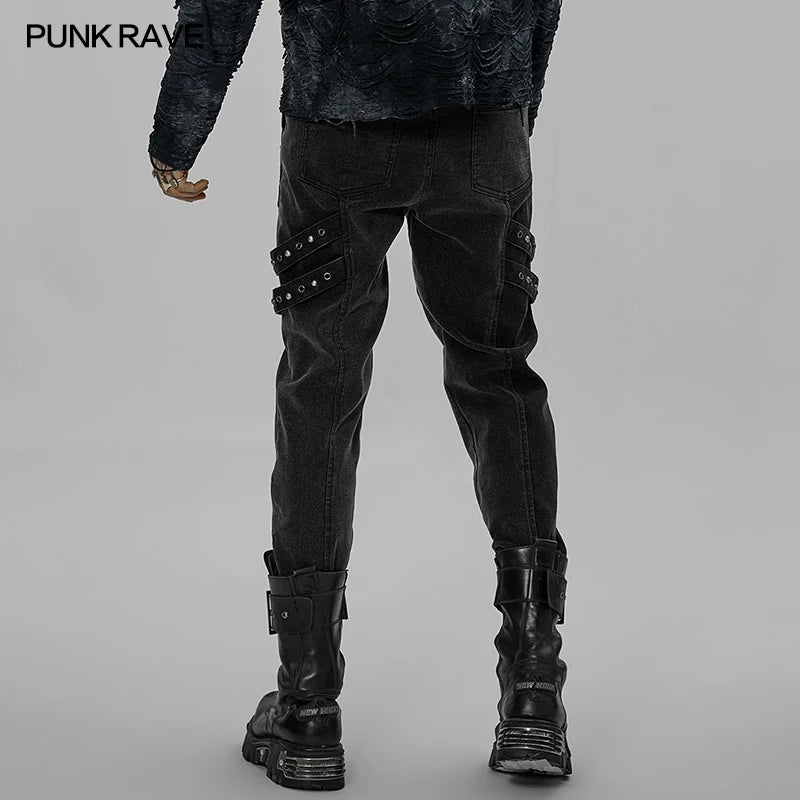 PUNK RAVE Men's Post-apocalyptic Style Micro Elastic Twill Denim Pants Punk Pockets Loops & Eyelets Decorate Black Trousers