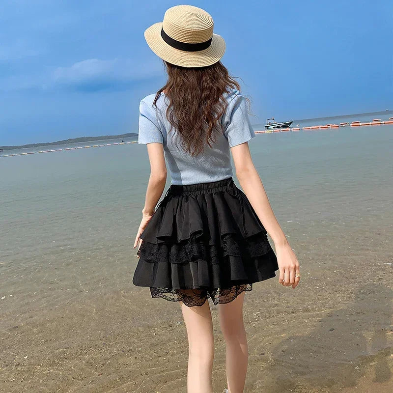 Ladies’ Lace Splicing Sexy Mini Skirt - Korean Fashion Casual Pleated Skirt for Women and Girls, Cute Black Fluffy Lolita Style