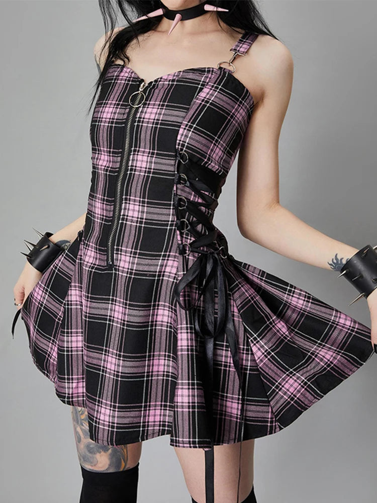 AltGoth Fairy Grunge Plaid Dress Women Mall Goth Punk Aesthetic Y2k Zipper Bandage Corset Dress Vintage Dark Gothic Alt Outfits