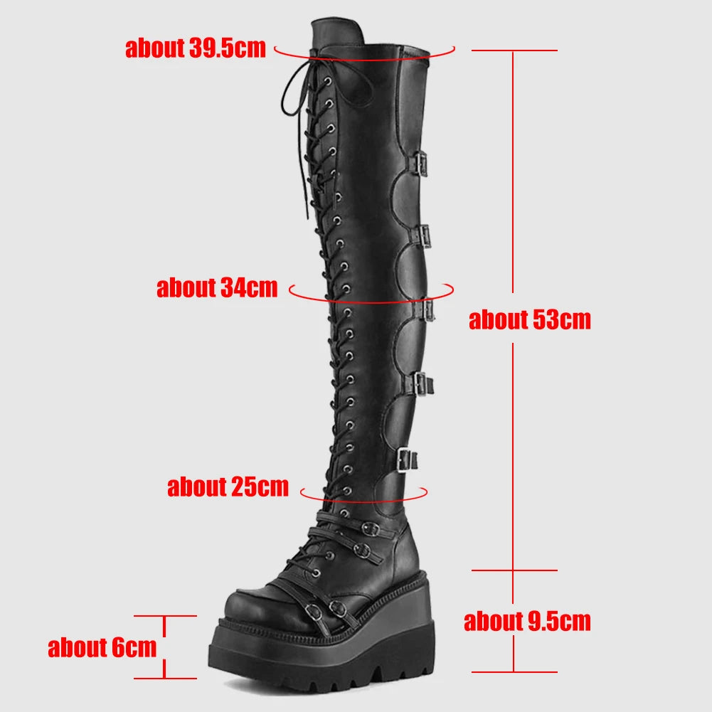 Punk Over-the-Knee Boots for Women – Platform Heels with Belt Buckle, Thigh-High Flat Motorcycle Goth Shoes