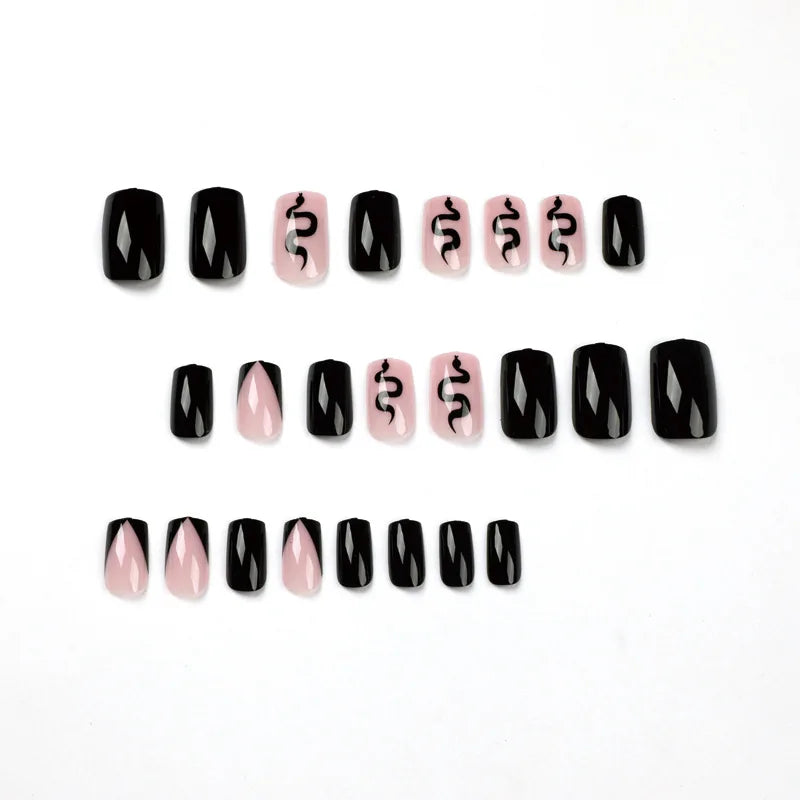 24Pcs Black Reusable Adhesive Fake Nails – Beveled French Snake Pattern, Finished Fashion Press-On Nail Art