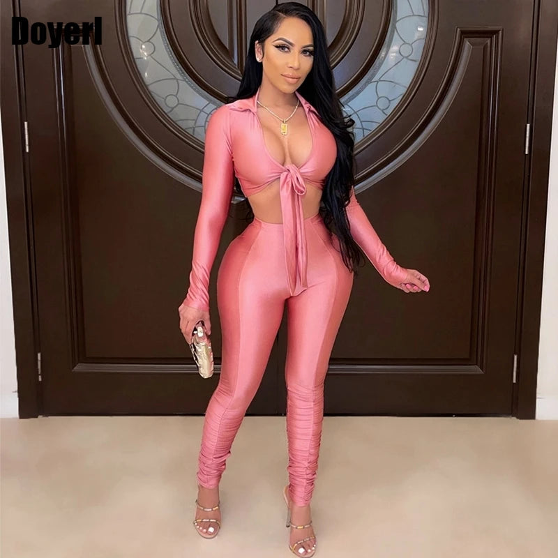 Fall Two-Piece Set for Women – Long Sleeve Stretch Top and Pants Matching Outfit, Sexy Club Party Tracksuit