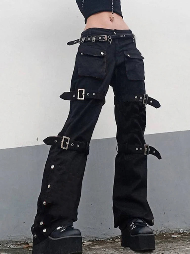 Eyelet Buckle Cyber Punk Goth Baggy Y2K Techwear Dark Cargo Pants