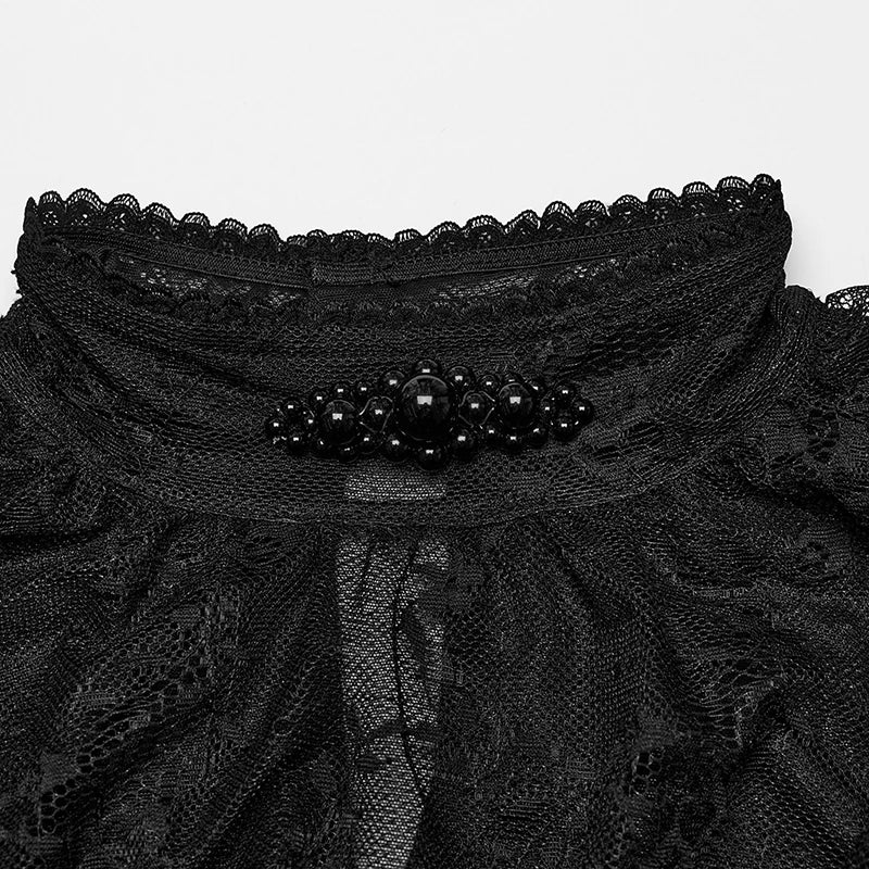 PUNK RAVE Women's Gothic Lace Splicing Shirt - Retro Black Blouse with Elastic Detailing, Daily Sexy Mystery Top