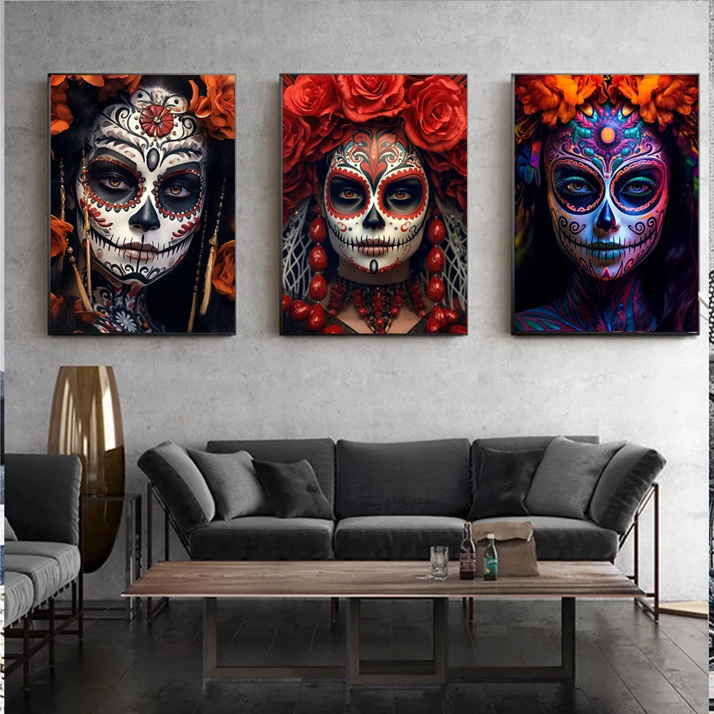 La Catrina Sugar Skull Girls Poster Prints Mexican Day of The Dead Gothic Canvas Painting Wall Art Picture for Room Home Decor