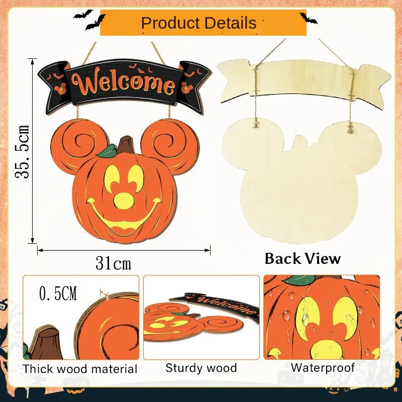 Wooden Halloween Mouse Head Pumpkin Decoration Welcome House Sign Home Window Wall Wooden Door Decoration