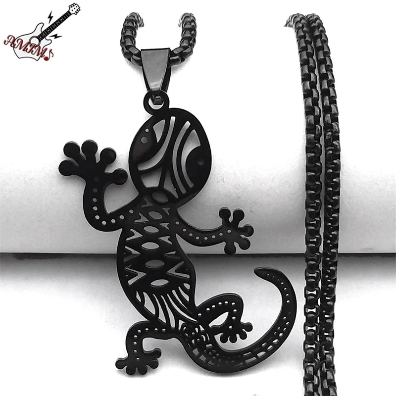 Gothic Lizard Gecko Pendant Necklace – Black Stainless Steel Animal Chain for Women and Men