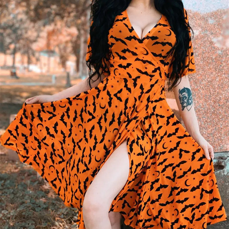 Yangelo Orange Deep V-neck Fairy Grunge Dress Women Mall Gothic Aesthetics Elegant Bat Pattern Split Sexy Dress