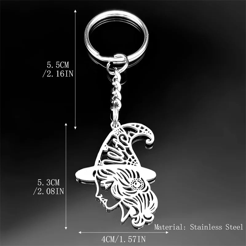 Witch Head Hollow Flower Big Key Chains For Women Men Stainless Steel Black Color Witchcraft Key Ring Halloween Gifts 3499