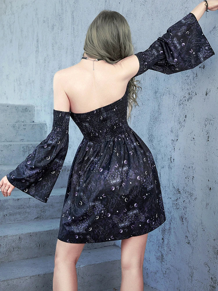 Goth Dark Aesthetic Moon Print Shirring Mini Dress – Grunge Punk, Backless Sexy Women’s Dress, Witchy Off-Shoulder Vintage Alt Clothing