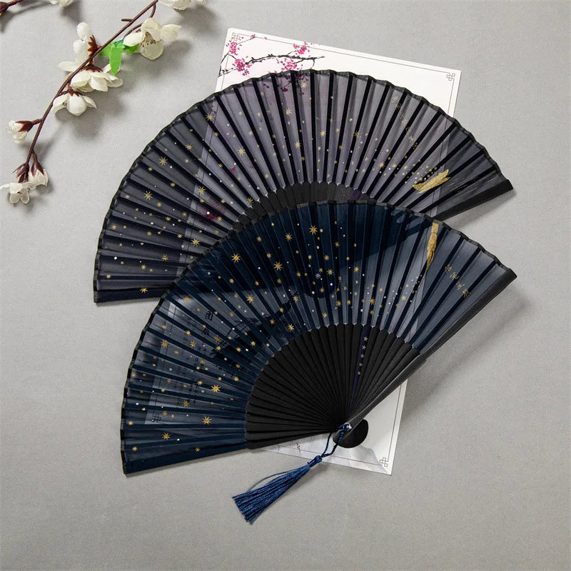 Star Pattern Portable Folding Fan – Chinese Style Bamboo Summer Fan