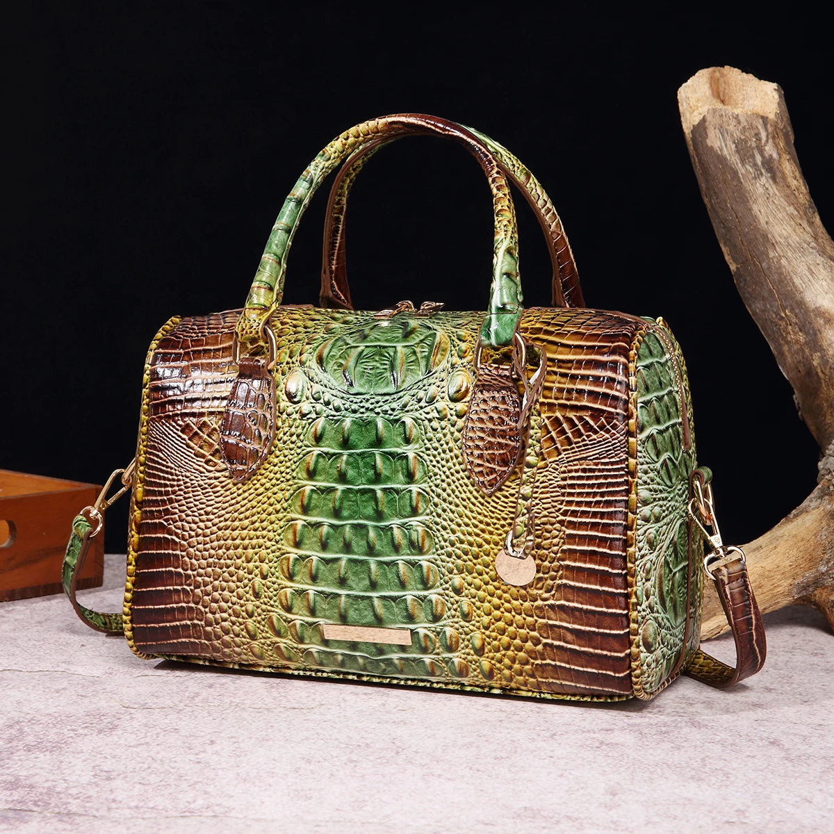 Ombre Crocodile Embossed Boston Handbag - Classic Style Women’s Leather Crossbody Satchel Purse