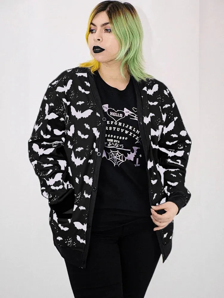 Yangelo Gothic Black Bat Print Ladies Jacket Fall 2022 Loose Casual Zip-Up Top Y2K Party Fashion Top