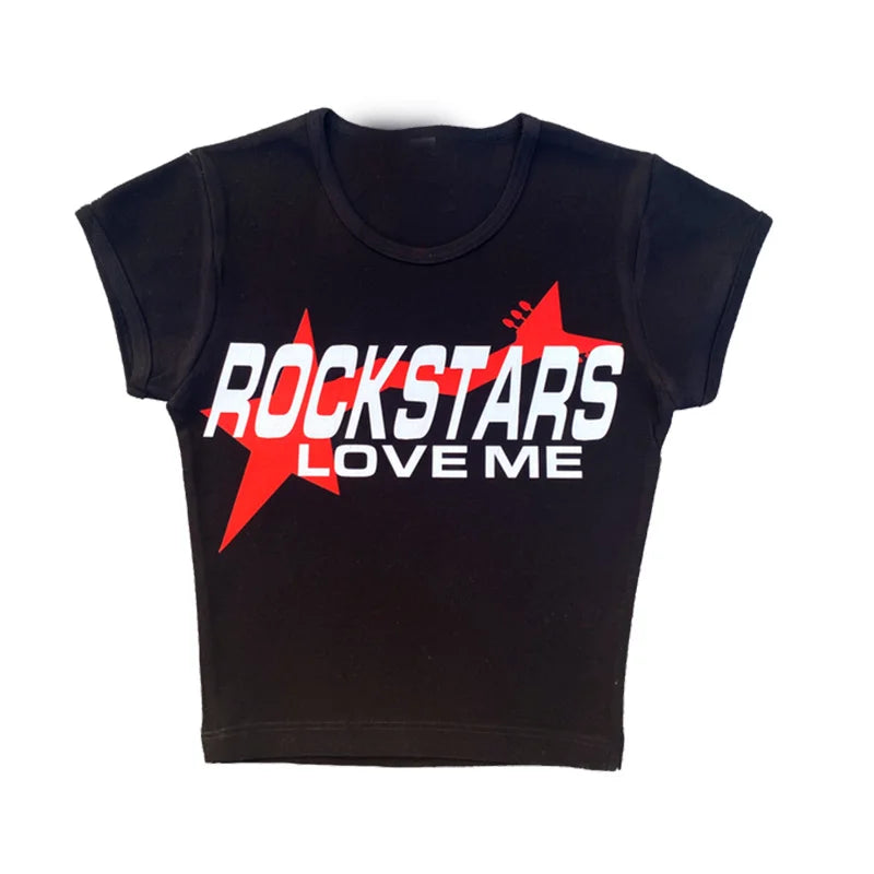 Rockstars Love Me Baby Tee - Gothic Y2K Crop Top for Women, 2000’s Inspired Kawaii Cropped T-shirt