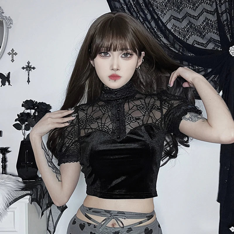 Y2K Gothic Black Lace Corset Crop Top - Harajuku Sexy Aesthetic Summer Tee