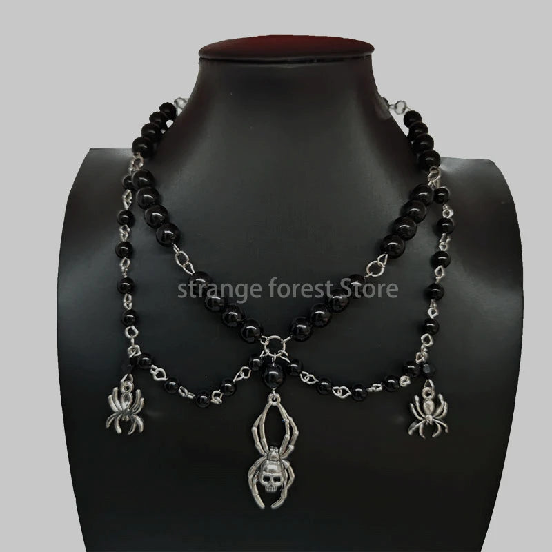 Black Gothic Necklace Spider Skull Necklace Rosary Style Grunge Necklace