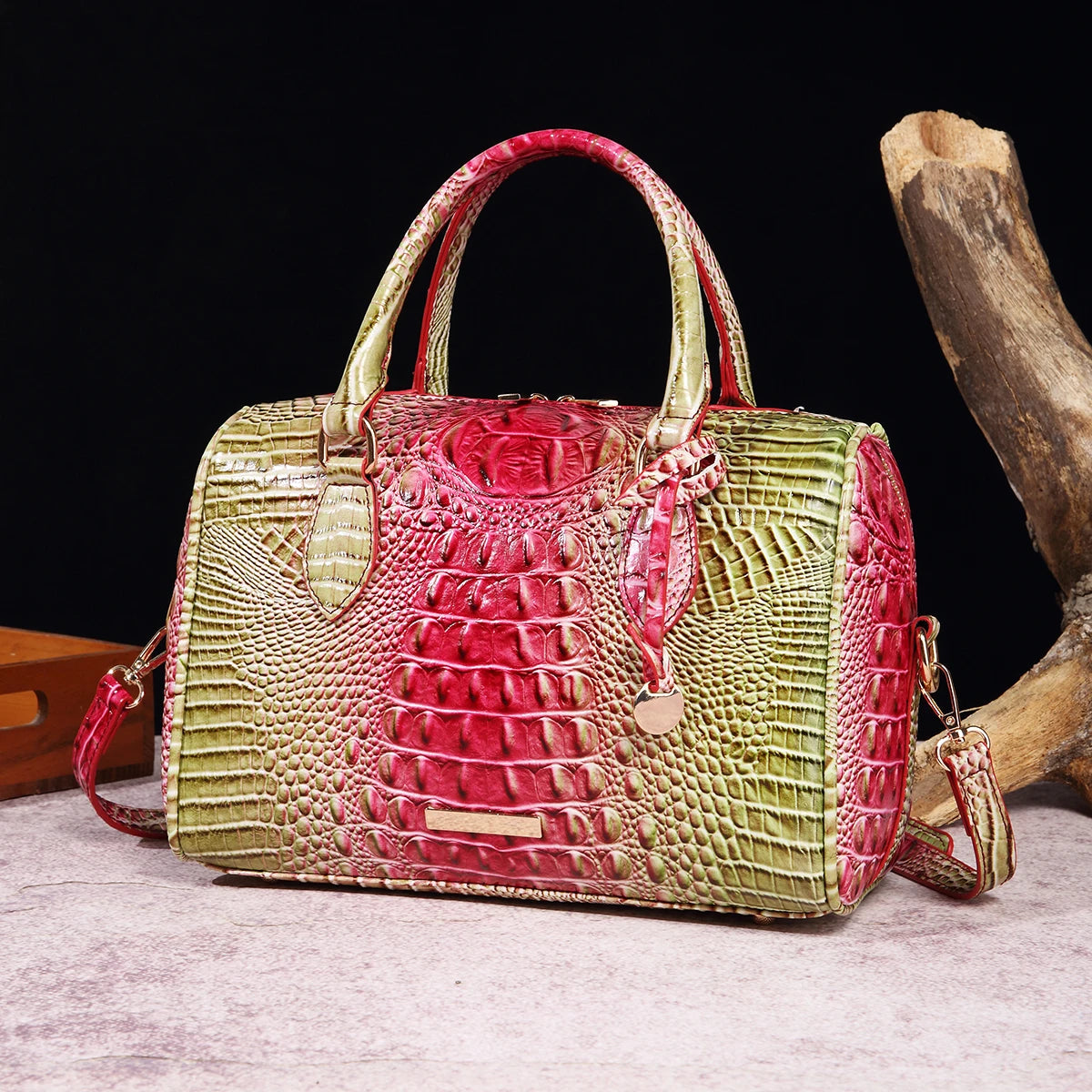 Ombre Crocodile Embossed Boston Handbag - Classic Style Women’s Leather Crossbody Satchel Purse