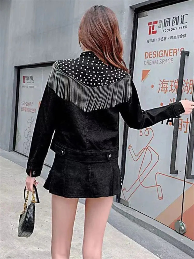 Rivet Women's Denim Coat 2023 Spring Autumn Jeans Jacket Streetwear Tassel Slim Short Cowboy Outerwear Female Clothing Chaquetas