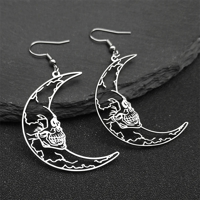 Gothic Skull Crescent Moon Stainless Steel Earrings - Punk Skeleton Black Drop Earrings for Women and Men, Goth Jewelry Gift