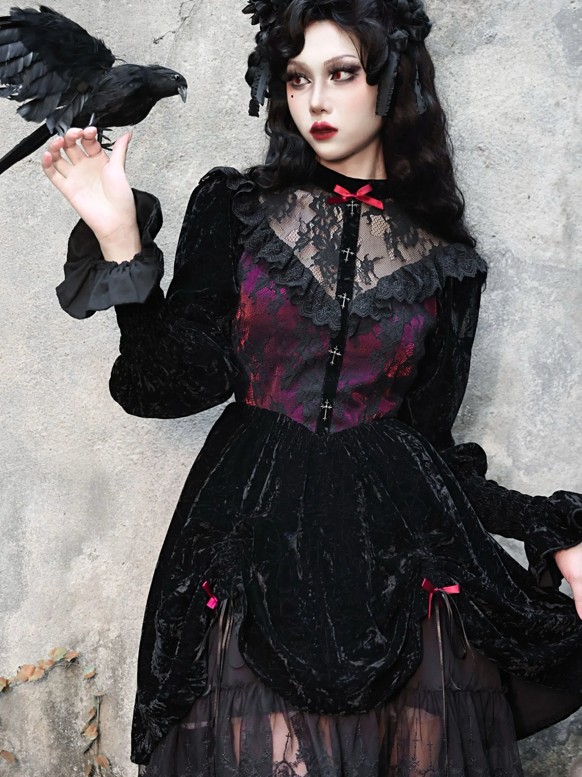 Blood Supply Original Rose Black Dress – Long Bubble Sleeve, Lace Patchwork, A-line Velvet Gothic Retro Dress for Autumn and Spring