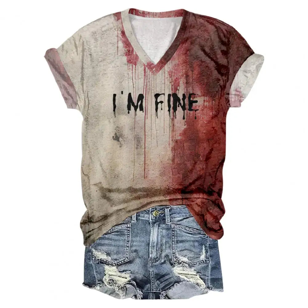 Halloween 'I'm Fine' Blood Letter Print V-Neck T-Shirt – Women's Long Sleeve Loose Festival Top