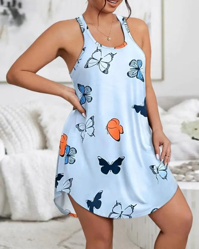 Summer New Casual Women's Nightwear - Fashionable, Sexy, Comfortable Round Neck Plus Size Butterfly Print Sleeveless Sleep Dress