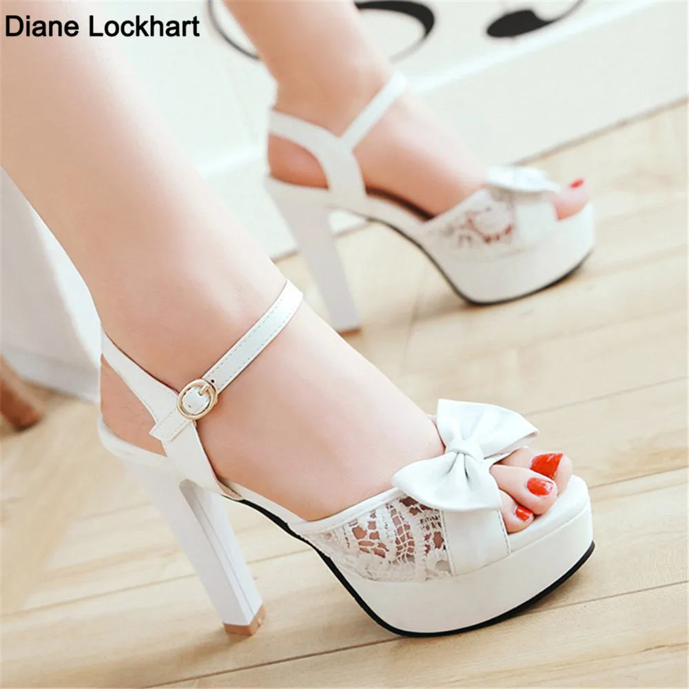 Women Summer Lace Bow Mesh Shoes Fish Mouth High Heel Ladys Platform Sandals Evening White Dress Wedding Female Zapatos De Mujer