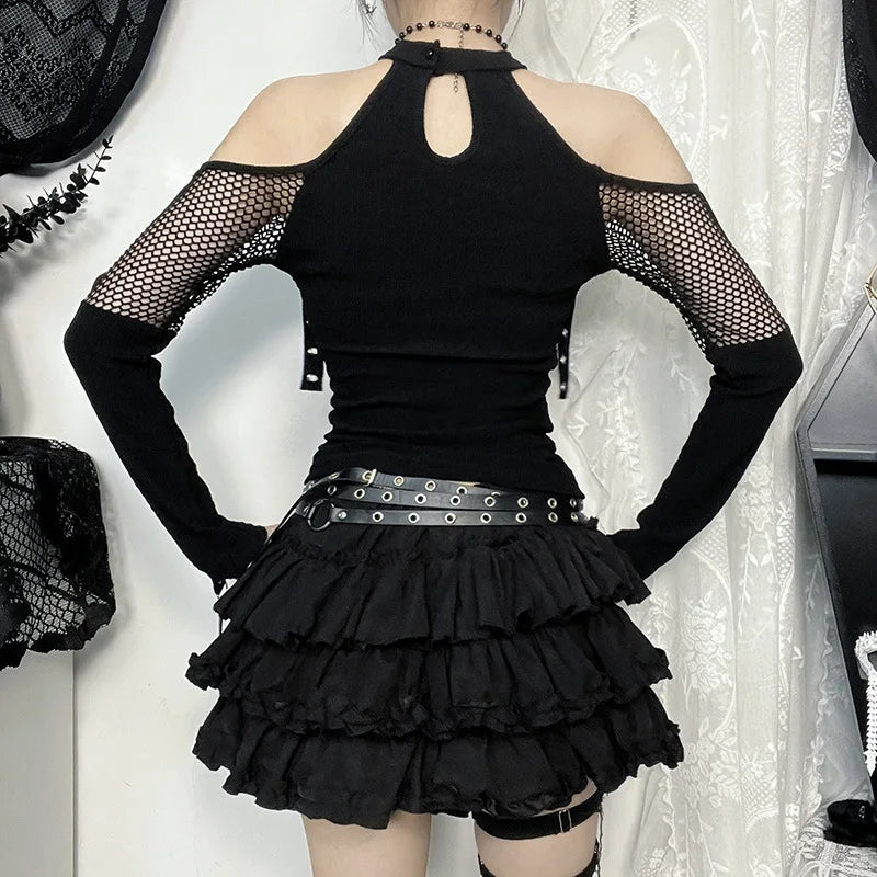 Goth Dark Punk Grunge Off-Shoulder T-Shirt – Fishnet Patchwork Halter Top, Gothic Streetwear for Autumn