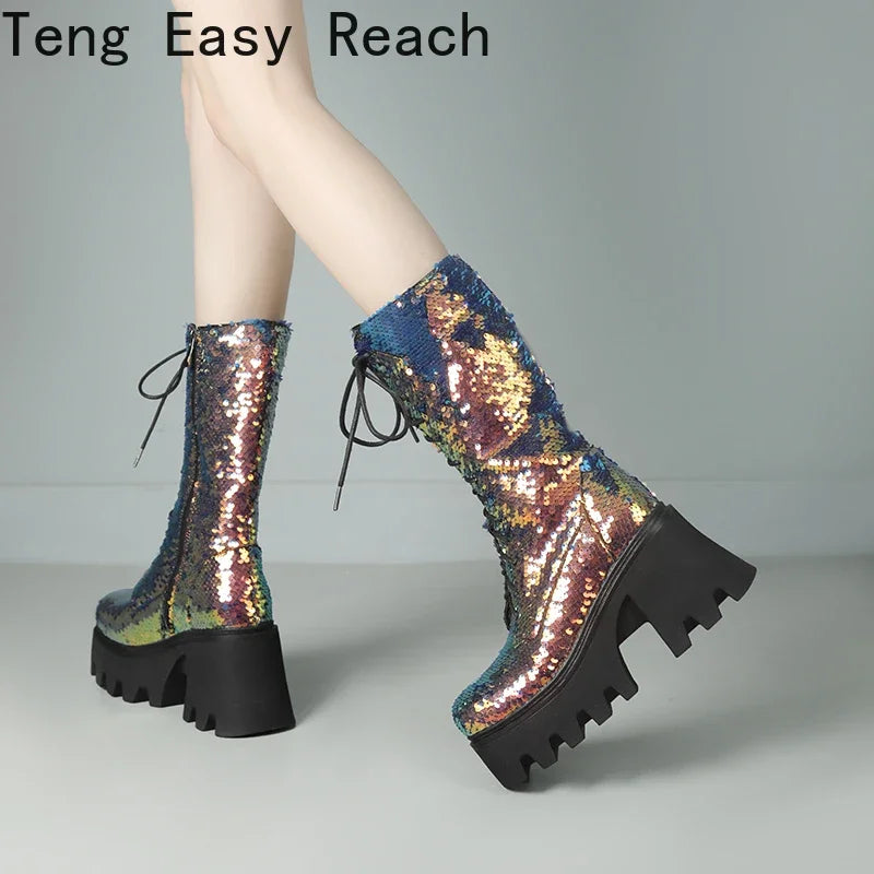 Women’s Lace-up Punk Platform Sequined Ankle Boots