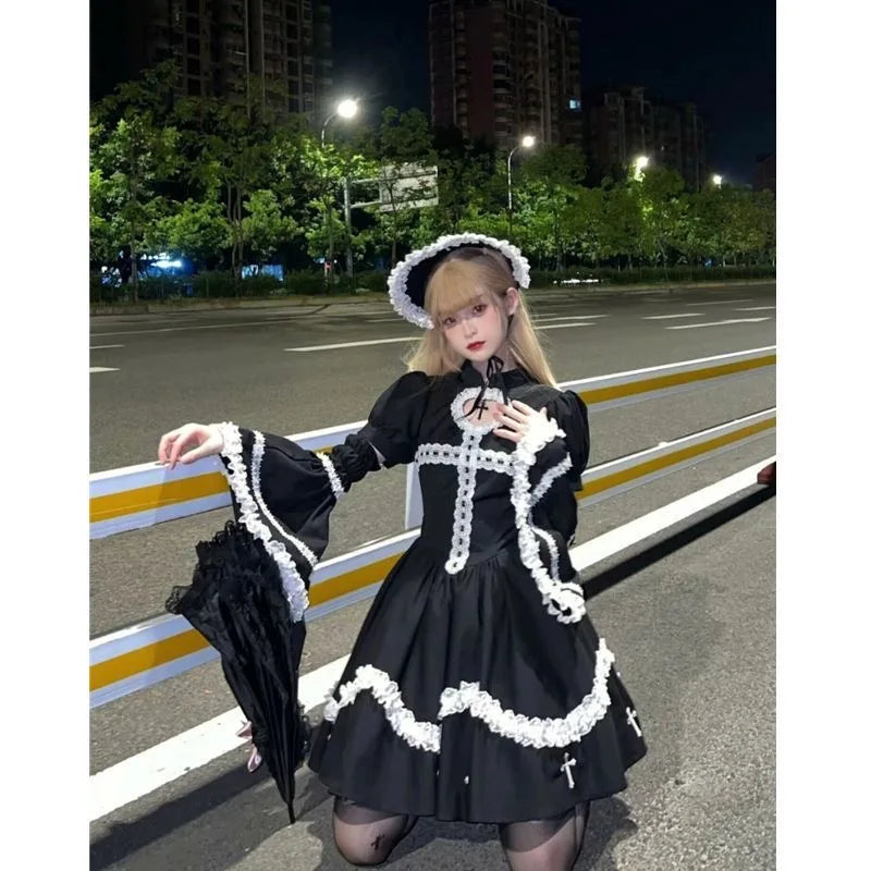 Japanese Gothic Cosplay Dress Female Harajuku Maid Kawaii Lolita Dress Women Costumes Hollow Out Long Sleeve Lace Y2k Clothes