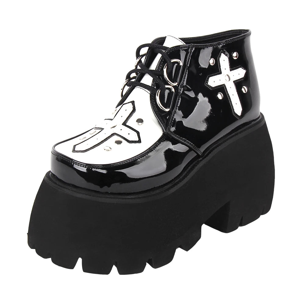 Angelic Imprint New Women's Punk Style Chunky Platform Shoes - Slip-On with Laces and Cross Printed Details