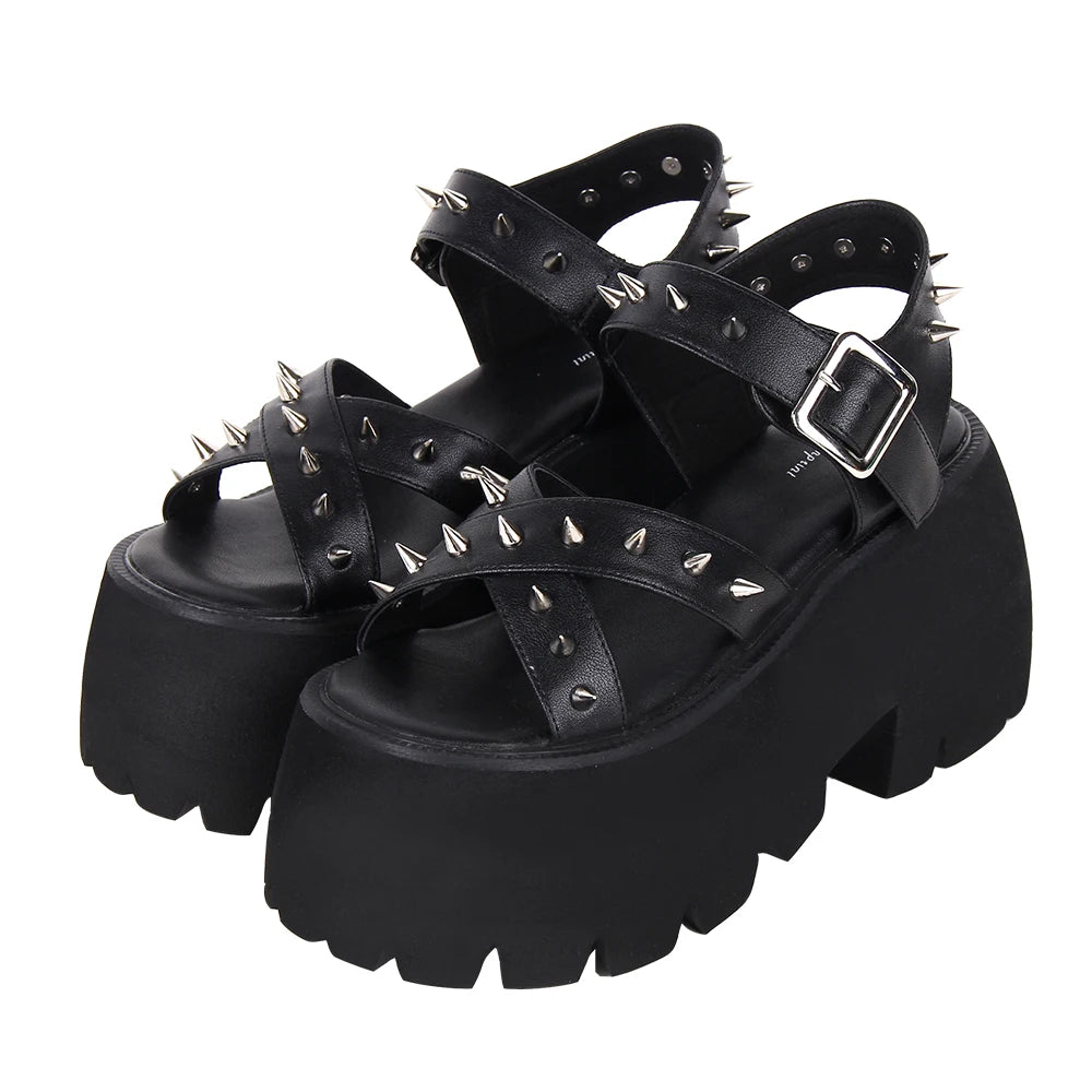 Women lolita punk cool shoes lady high heels pumps girl princess summer dress party customized sandals fish mouth rivets 10cm 41