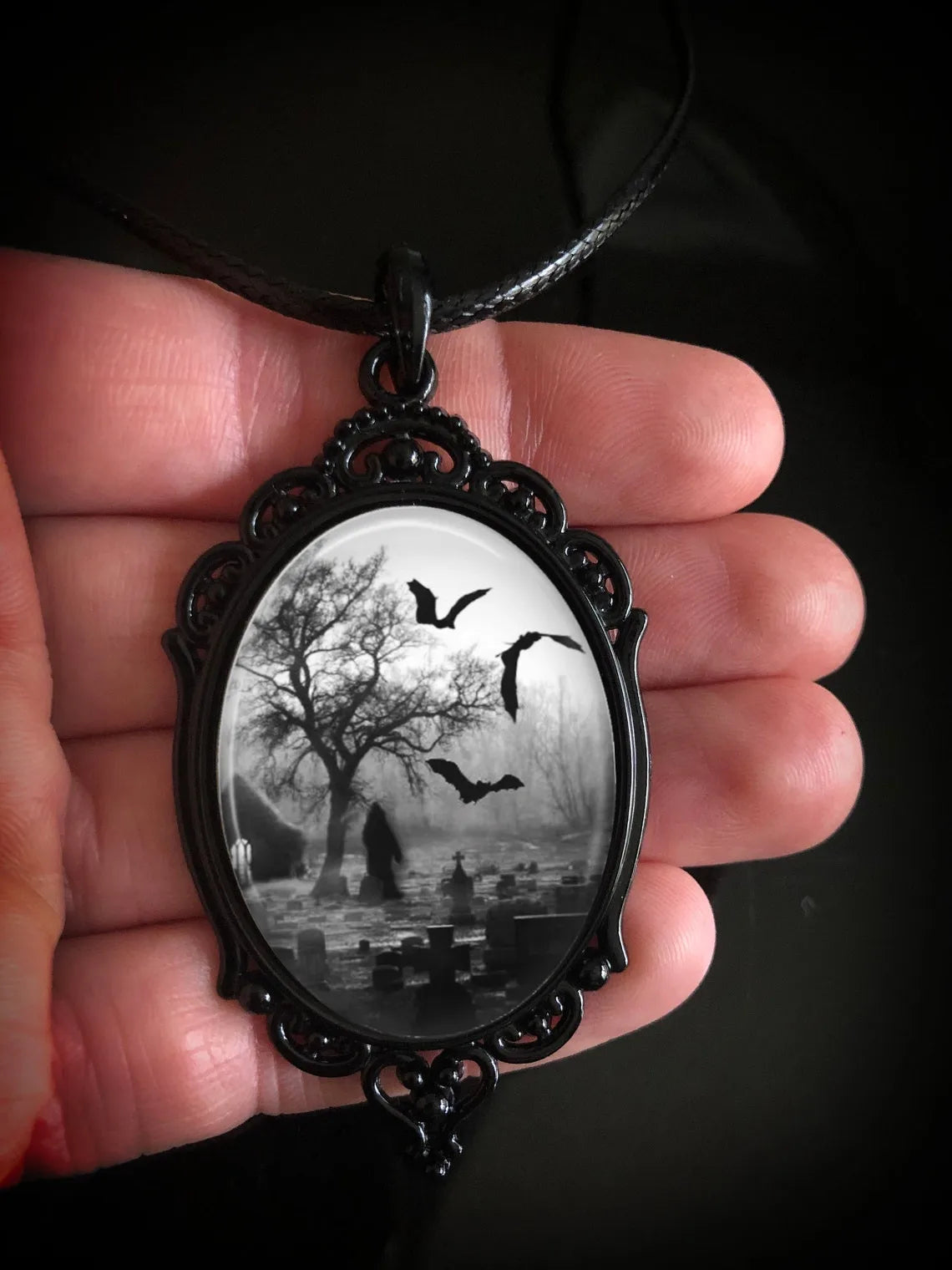 Gothic Cemetery Cameo Necklace - Victorian Black Grim Reaper Death Pendant Jewelry with Graveyard Bats, Halloween Chokers