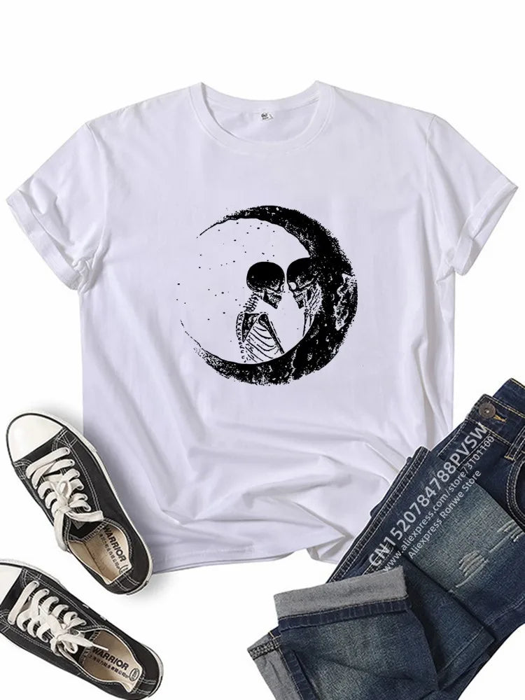 Love In a Crescent Moon Round Neck Short Sleeved Graphic Print Tee Shirt