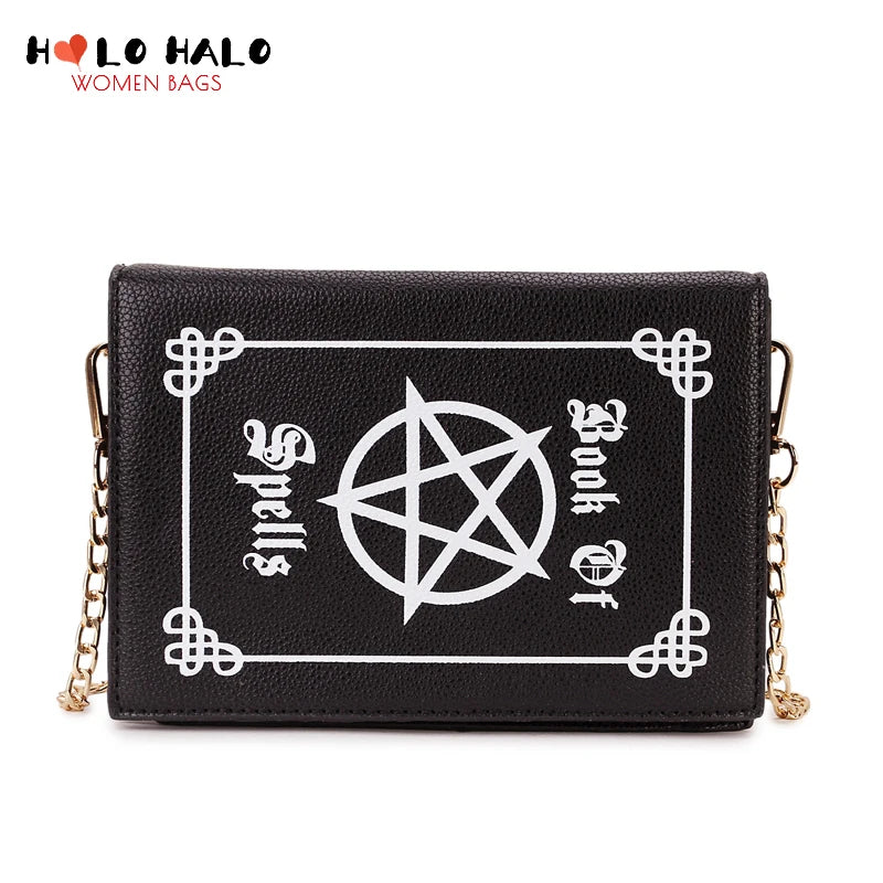 Witchy Dark Magic Book Design Handbag: Gothic Clutch with Mini Chain, a Spellbinding Fashion Statement for Women